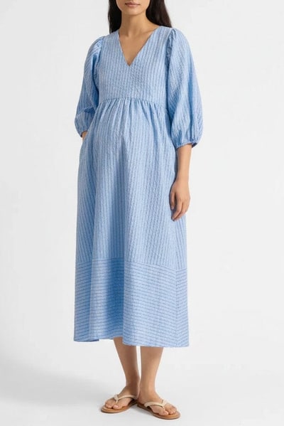 For The Creators Blue Stripe V Neck Maternity Dress