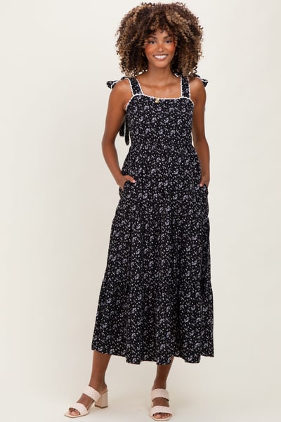 PinkBlush Black Floral Lace Trim Shoulder Tie Maternity Maxi Dress