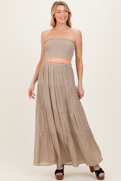 PinkBlush Beige Smocked Tube Top Tiered Skirt Maternity Set