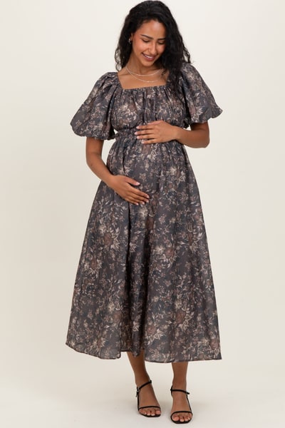 PinkBlush Brown Floral Puff Sleeve Maternity Midi Dress
