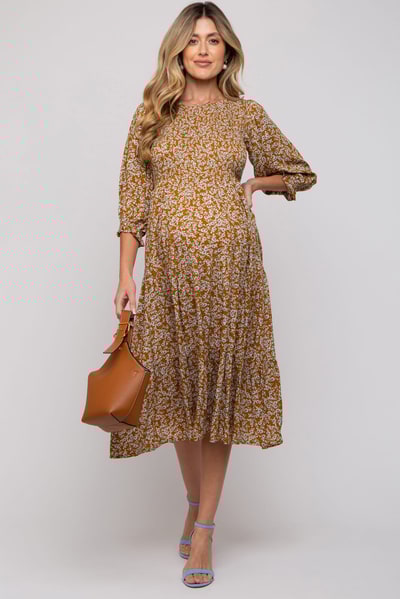 PinkBlush Camel Floral Smocked 3/4 Sleeve Maternity Midi Dress