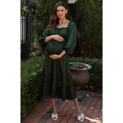 Target Pinkblush Green Satin Smocked Cinched Bust Maternity Midi Dress Medium