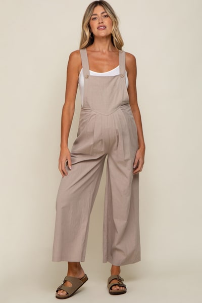 PinkBlush Taupe Front Pocket Pleated Linen Maternity Overall