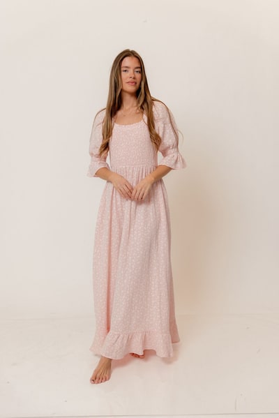 Worth Collective Sienna 100% Cotton Puff Sleeve Maxi Dress in Pale Pink Foliage - Bump Friendly