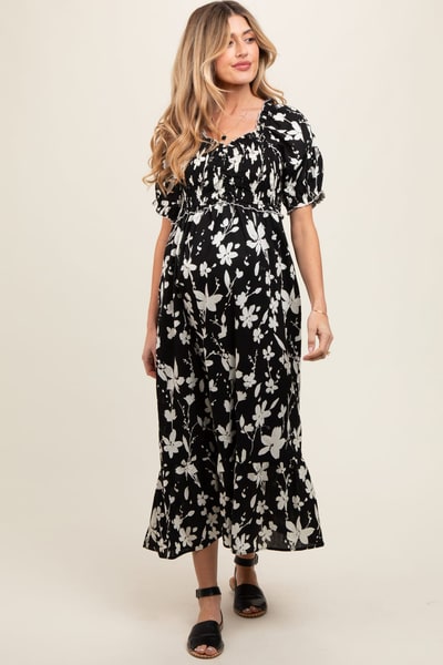 PinkBlush Black Floral Puff Sleeve Maternity Midi Dress