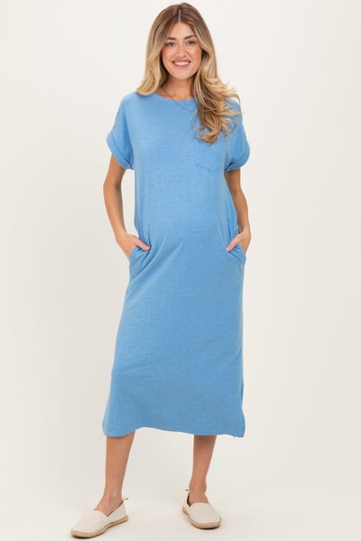 PinkBlush Dusty Blue Pocket Front Maternity Midi T-Shirt Dress