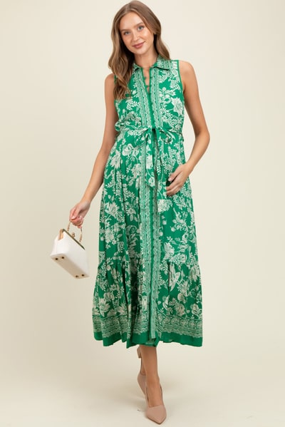 PinkBlush Green Floral Border Print Lapel Button Down Maternity Maxi Dress