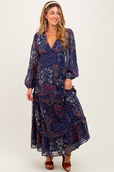 PinkBlush Navy Floral Chiffon V-Neck Long Sleeve Maternity Maxi Dress