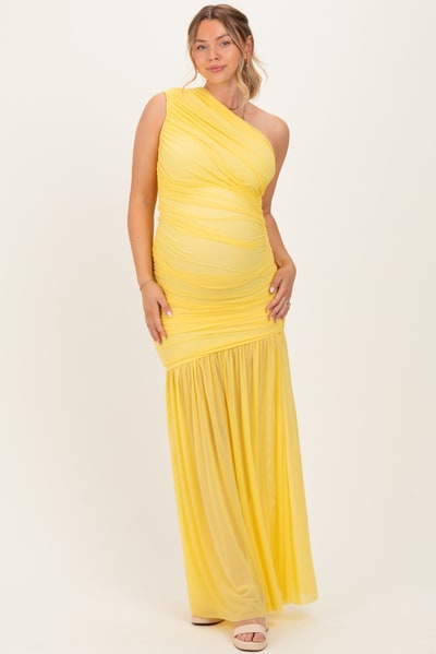 PinkBlush Lemon Ruched Mesh One Shoulder Maternity Maxi Dress