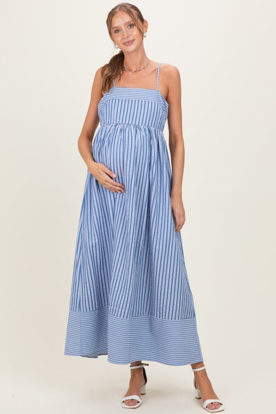 PinkBlush Blue Mixed Stripe Sleeveless Maternity Maxi Dress