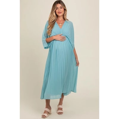 Target Pinkblush Blue Pleated V Neck Maternity Maxi Dress Small