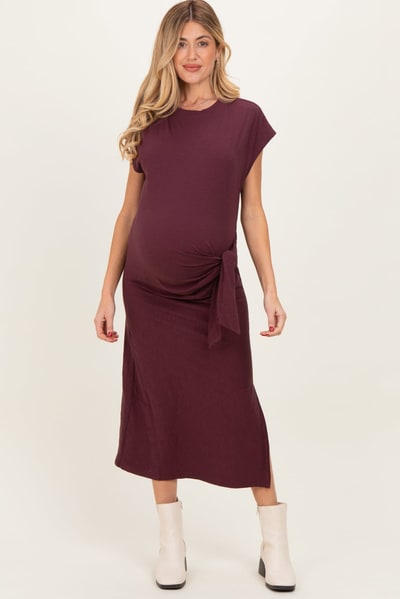 PinkBlush Maroon Side Tie Side Slit Maternity Midi Dress
