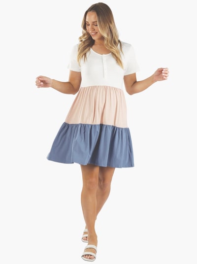 Angel Maternity Maternity Tiered Sun Dress in Multi Colors - White, Pink & Blue
