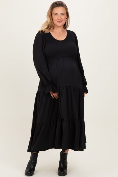 PinkBlush Black Smocked Tiered Long Sleeve Plus Maternity Maxi Dress