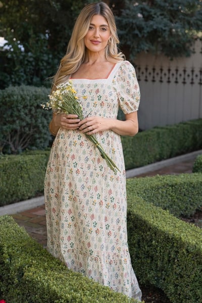 PinkBlush Creme Floral Cotton Puff Sleeve Maternity Maxi Dress