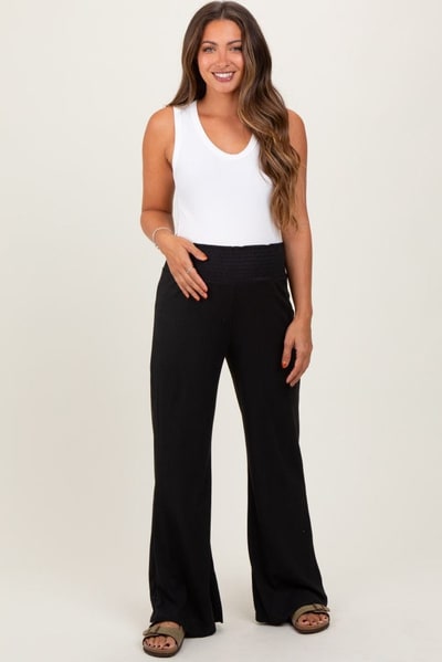 PinkBlush Black Ribbed Smocked Waistband Wide Leg Maternity Pants