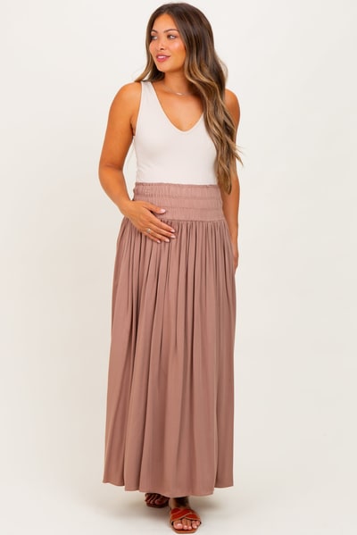 PinkBlush Mocha Smocked Waistband Pleated Maternity Maxi Skirt
