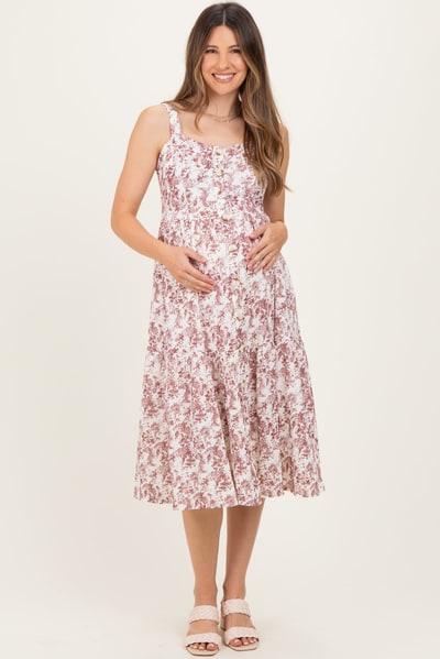 PinkBlush Burgundy Floral Button Down Tiered Maternity Dress