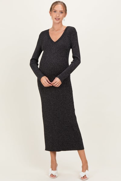 PinkBlush Black Shimmer Ribbed Knit Maternity Maxi Dress