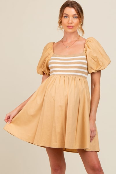 PinkBlush Beige Knit Contrast Poplin Maternity Dress