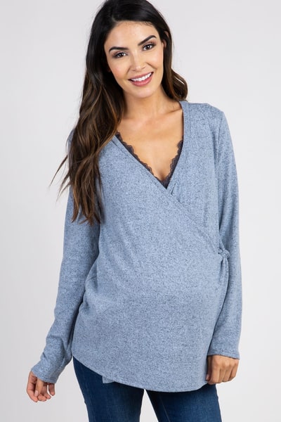 PinkBlush PinkBlush Light Blue Heathered Knit Wrap Tie Maternity/Nursing Top
