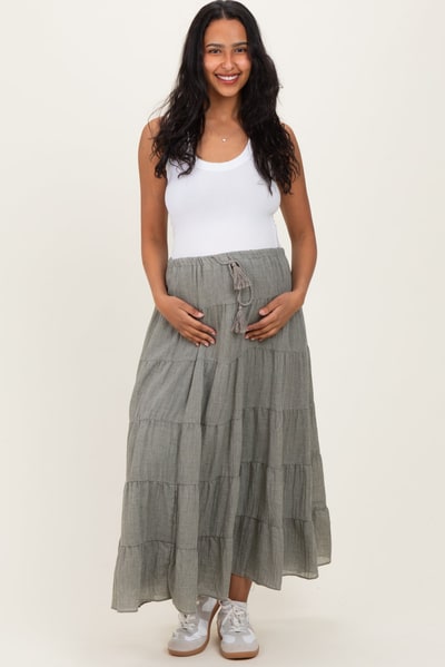PinkBlush Light Olive Tiered Drawstring Maternity Maxi Skirt