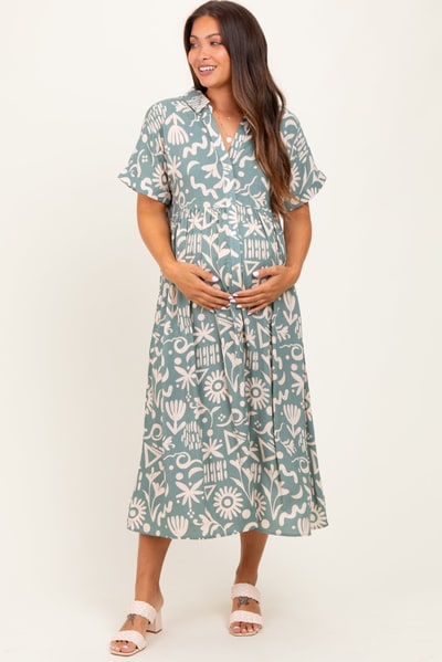 PinkBlush Mint Green Abstract Floral Shirt Maternity Midi Dress