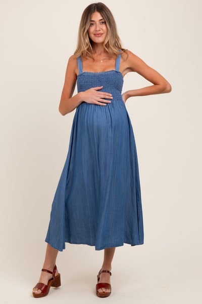 PinkBlush Blue Smocked Chambray Tie Back Cutout Maternity Midi Dress