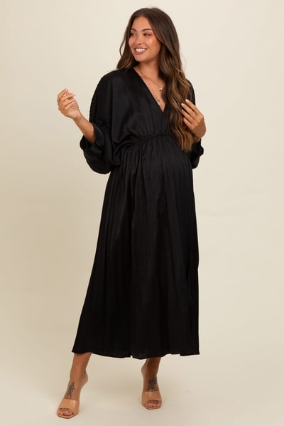 PinkBlush Black Satin Pleated V-Neck Maternity Maxi Dress