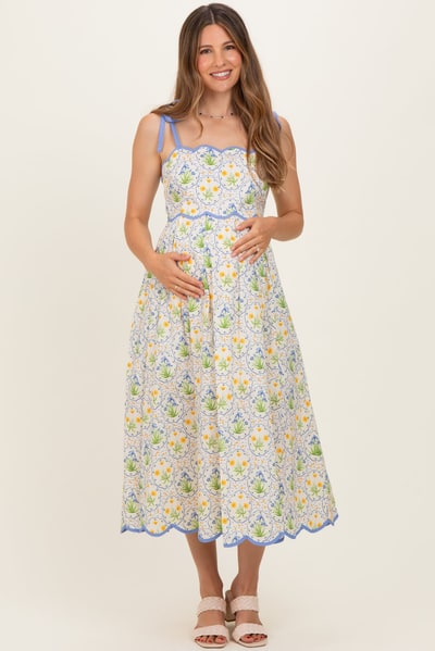 PinkBlush Blue Floral Scallop Accent Shoulder Tie Maternity Midi Dress