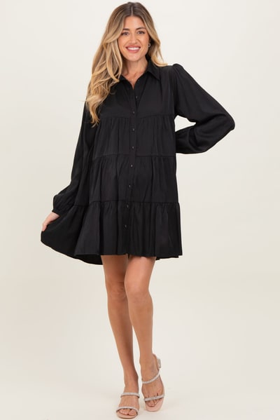 PinkBlush Black Balloon Sleeve Tiered Maternity Shirt Dress