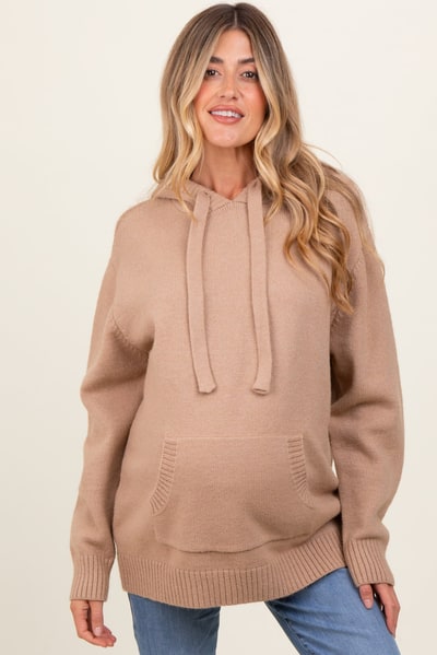 PinkBlush Beige Knit Front Pocket Hooded Maternity Sweater