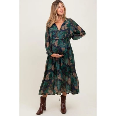 Target Pinkblush Navy Floral Chiffon Ruffle Tiered Maternity Midi Dress Small