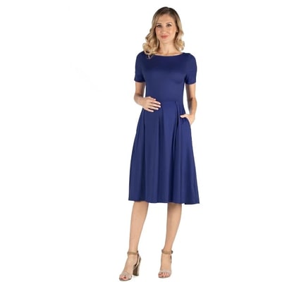 Target 24seven Comfort Apparel Maternity Midi Dress with Short Sleeve and Pocket Detail-NAVY-S