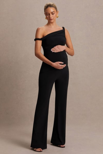 Club L London Kira | Black Asymmetric-Neck Maternity Jumpsuit
