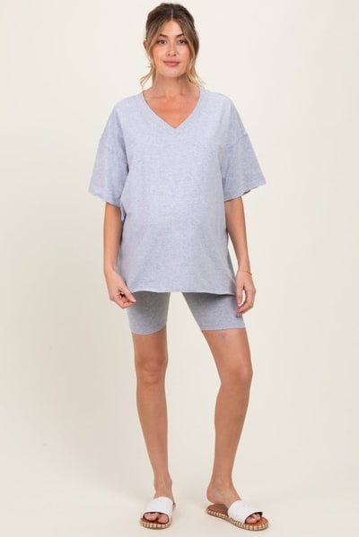 PinkBlush Heather Grey Oversized V-Neck Biker Short Maternity Set