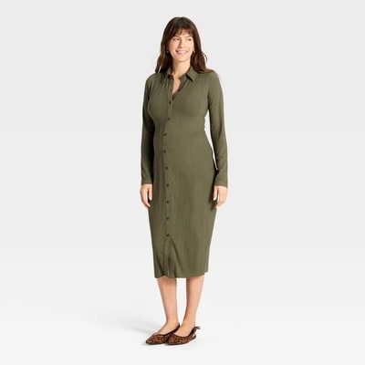 Target Long Sleeve Ribbed Midi Maternity A-Line Dress - Isabel Maternity by Ingrid & Isabel™ Olive Green XS