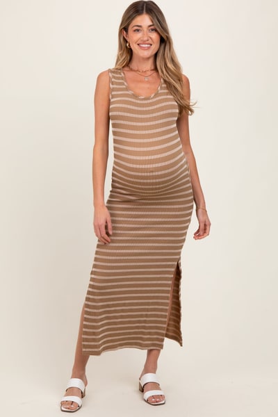 PinkBlush Camel Striped Ribbed Sleeveless Side Slit Maternity Maxi Dress