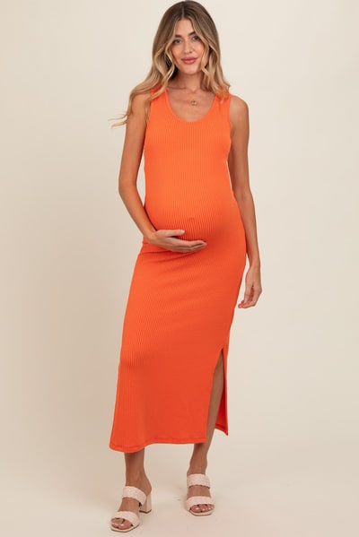 PinkBlush Orange Ribbed Side Slit Maternity Maxi Dress