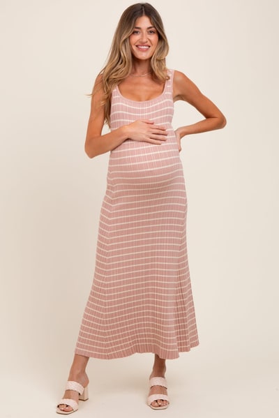 PinkBlush Blush/Cream Lightweight Rib Fit And Flare Maternity Midi Dress