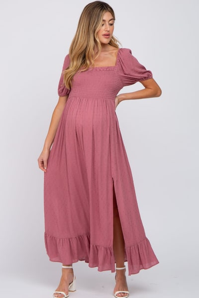 PinkBlush Mauve Swiss Dot Square Neck Smocked Maternity Maxi Dress