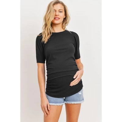 Target Hello Miz Women's Ribbed Puff Sleeve Side Ruched Maternity Top - Black - Medium