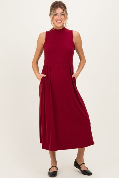 PinkBlush Wine Ribbed Mock Neck Sleeveless Maternity Midi Dress