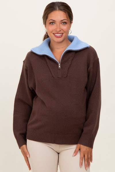 PinkBlush Brown Contrast Collar Half Zip Maternity Sweater