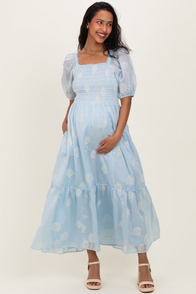PinkBlush Light Blue Embroidered Floral Smocked Maternity Maxi Dress