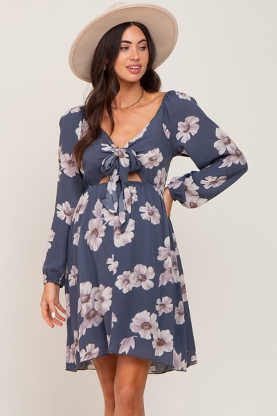 PinkBlush Blue Floral Smocked Tie Back Maternity Dress