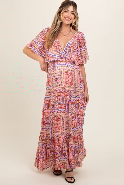 PinkBlush Multicolor Floral Deep V-Neck Tiered Maternity Maxi Dress