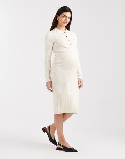 ASOS Mamalicious Maternity long sleeve 2 function nursing ribbed button front midi dress in cream