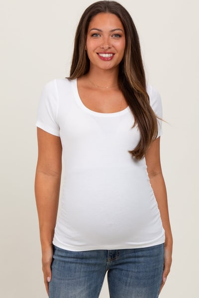 PinkBlush White Ribbed Scoop Neck Short Sleeve Maternity Top