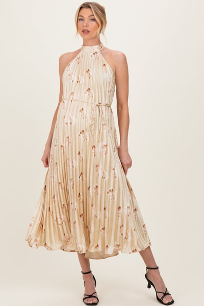 PinkBlush Yellow Floral Pleated Halter Maternity Midi Dress